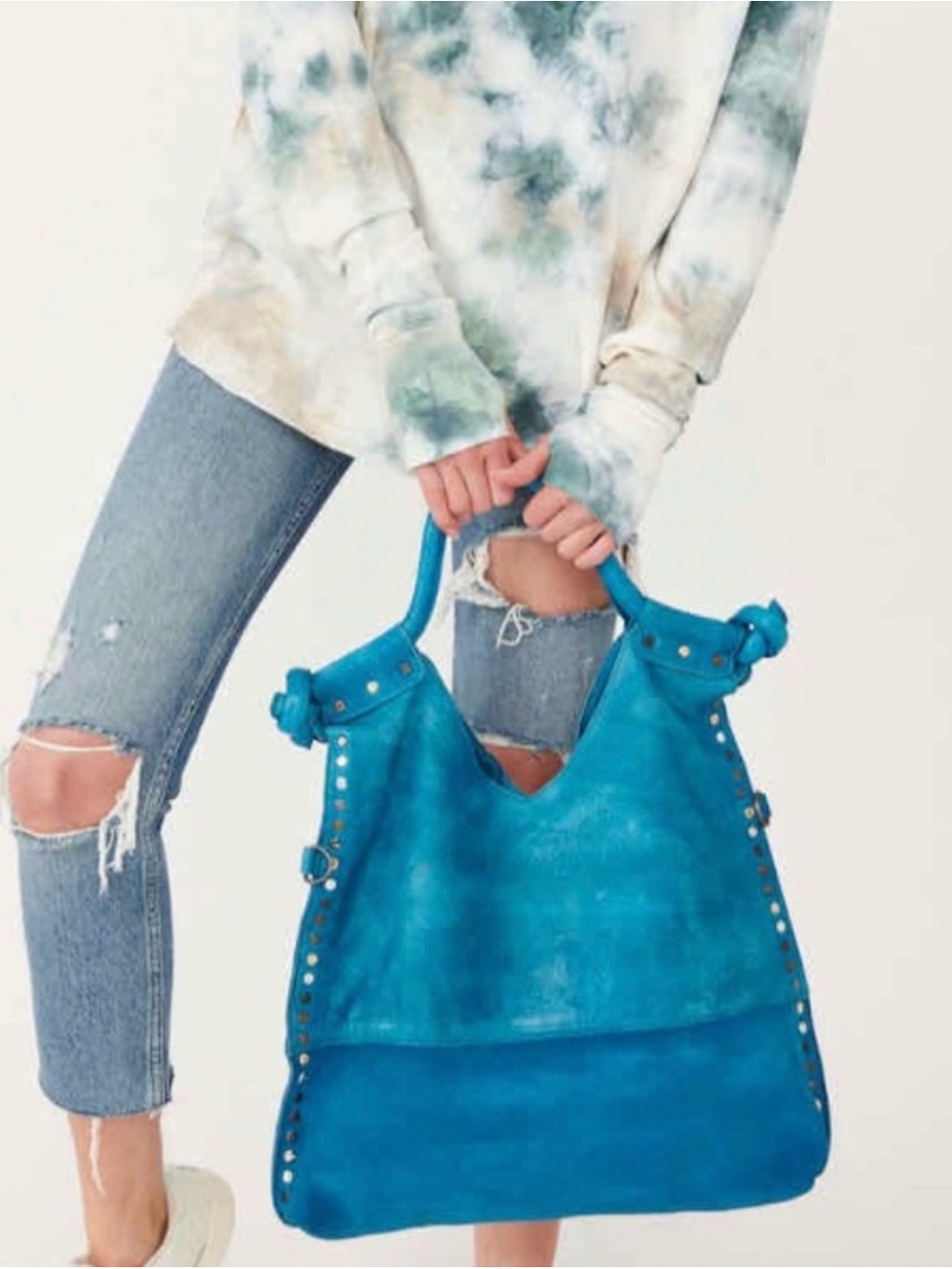 Free People We the Free Women's Blue Leather Valencia Studded Tote Handbag NWT - Picture 4 of 5